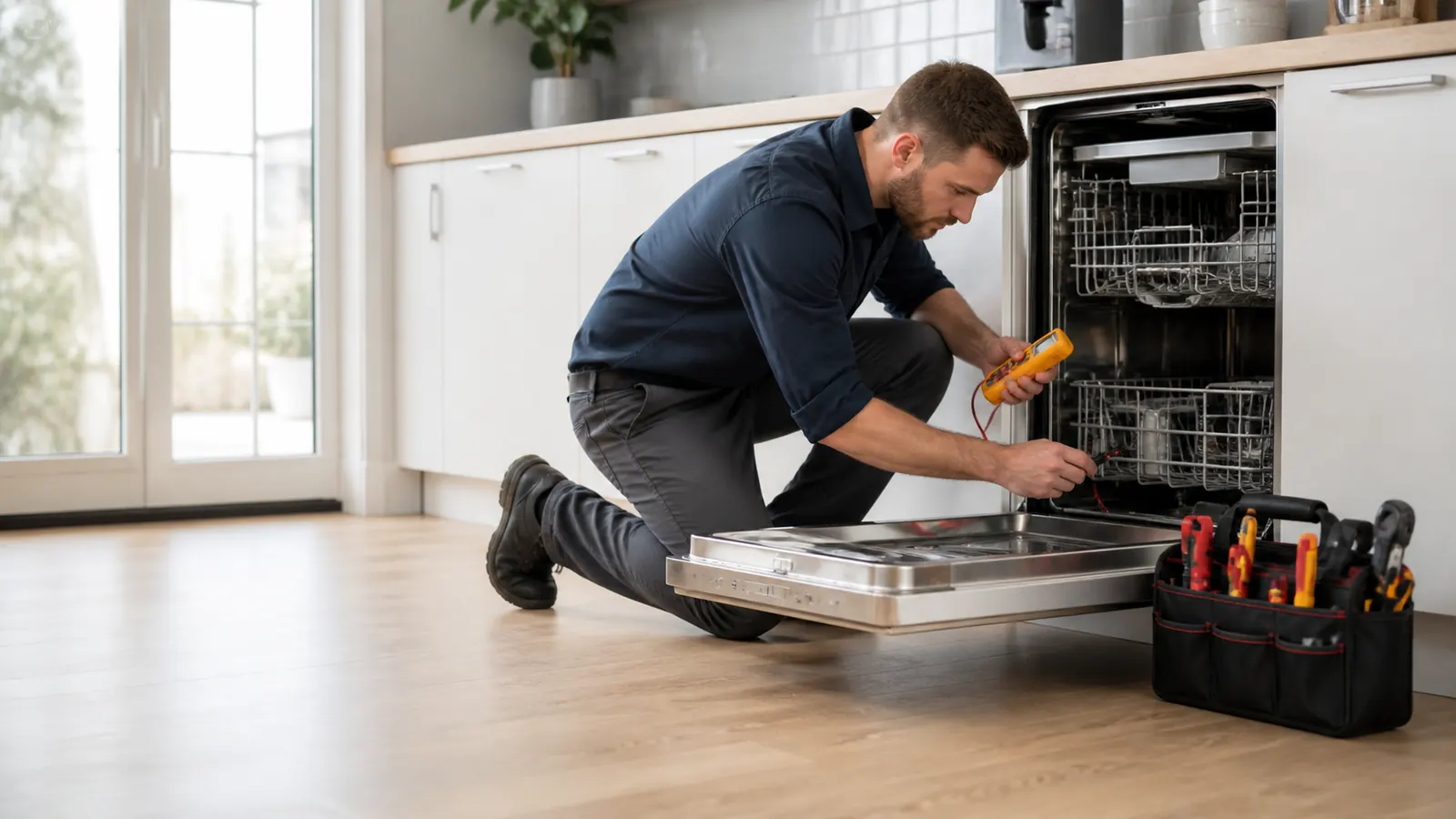 Technician testing a dishwasher in a modern kitchen